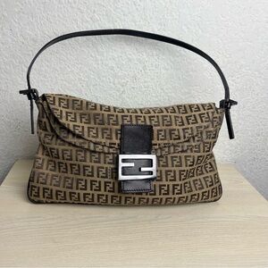 Fendi Zucchino Baguette Bag Y2K Vintage FF Logo Brown Small Shoulder